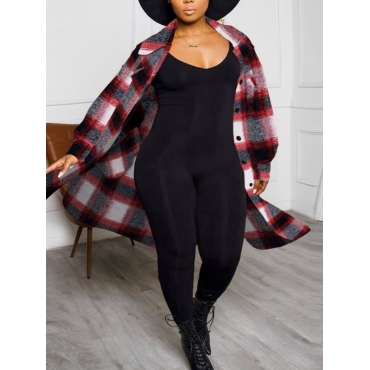 

LW Plus Size Plaid Print Loose Trench Coat, Red