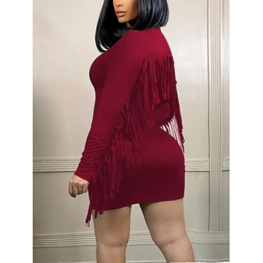 

LW SXY Plus Size Round Neck Tassel Design Bodycon Dress, Wine red