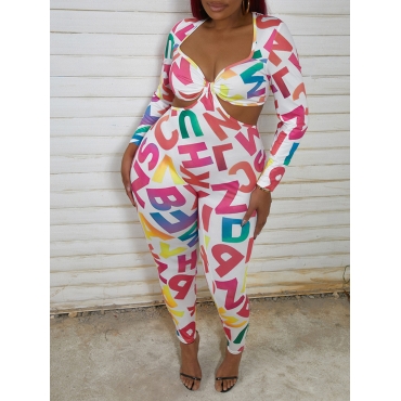 

LW Plus Size Letter Print Hollow-out Jumpsuit, Multi