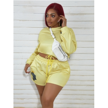 

LW Plus Size Mixed Print Drawstring Shorts Set, Light yellow