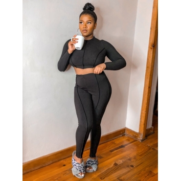 

LW Lettuce Trim Crop Top Pants Set, Black