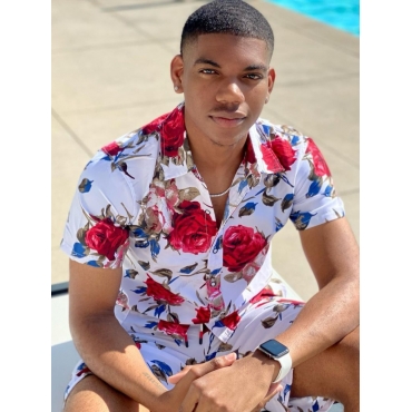 

LW Boho Floral Print Drawstring White Men Two Piece Shorts Set