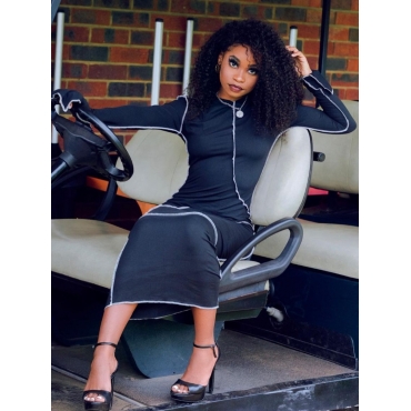 

LW Hooded Collar Striped Bodycon Dress, Black