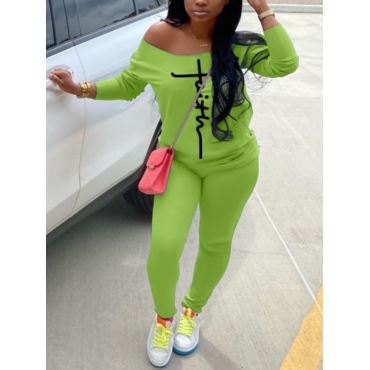 

LW Drop Shoulder Letter Print Pants Set, Green