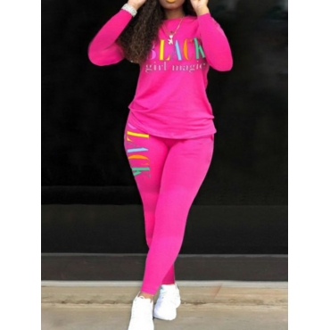 

LW Round Neck Letter Print Tracksuit Set, Rose red