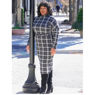 

LW Plus Size Turtleneck Bandage Design Plaid Dress, Black & white tartan