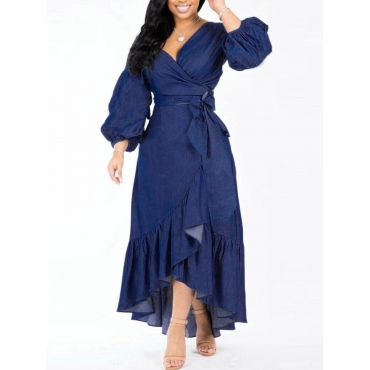 

LW Stretch Ruffle Design Wrap A Line Denim Dress, Blue