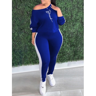 

LW Plus Size Letter Print Striped Pants Set, Blue