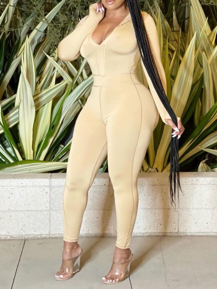 

LW BASICS Hooded Collar Skinny Jumpsuit, Beige