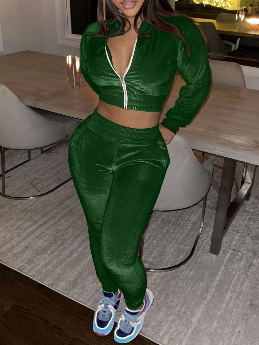 

LW Zipper Design Crop Top Tracksuit Set, Green