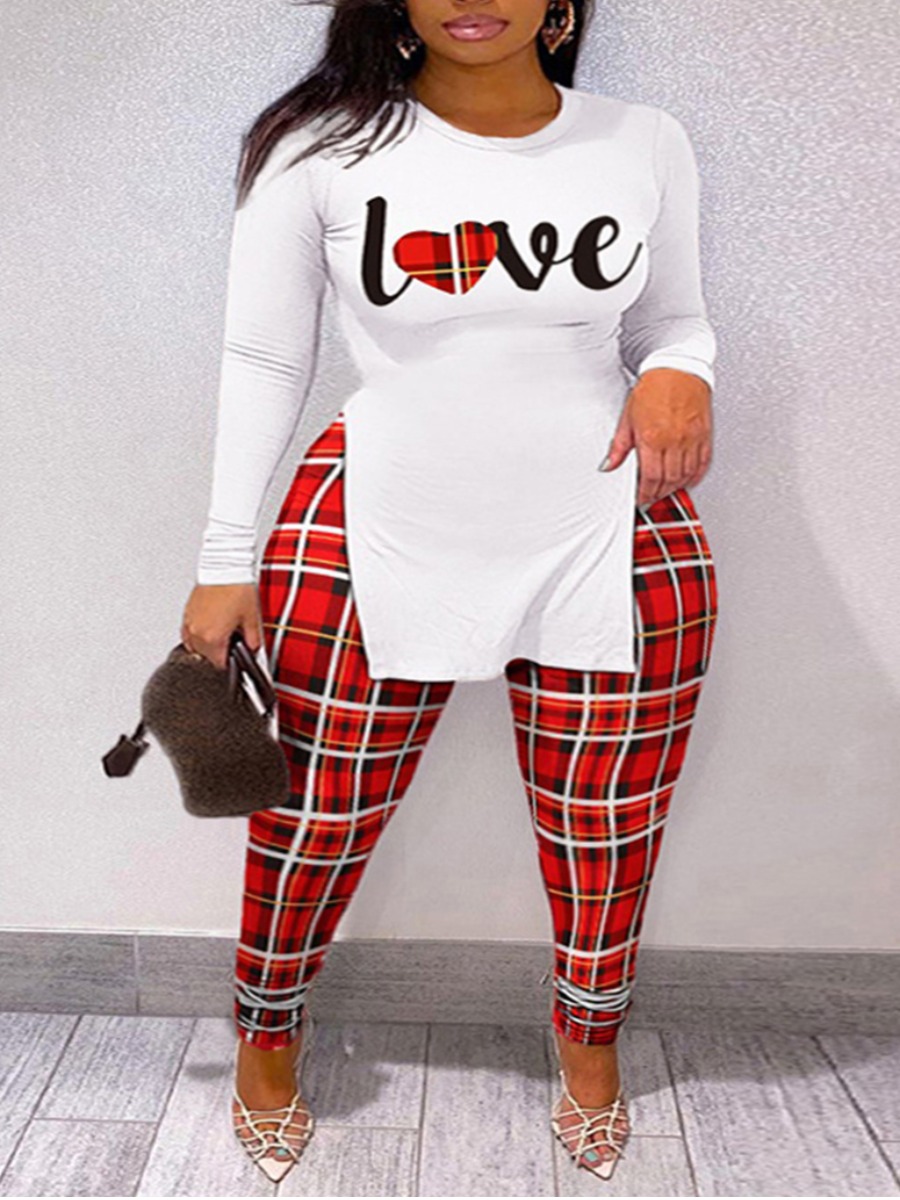 LW Letter Print Double Split Plaid Pants Set