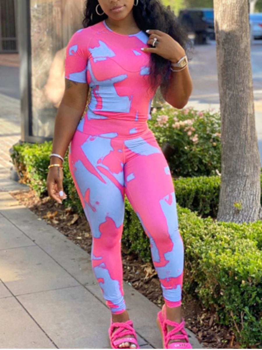 

LW Round Neck Tie-dye Pants Set, Rose red