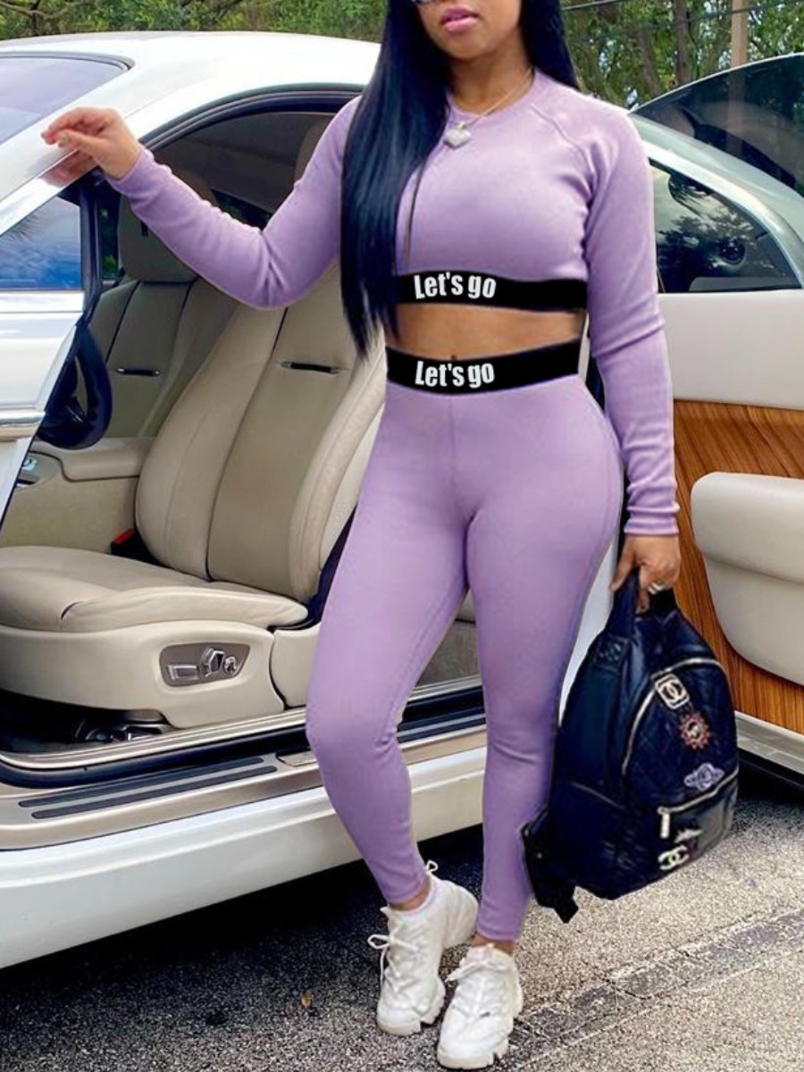 

LW Letter Print Crop Top Pants Set, Purple