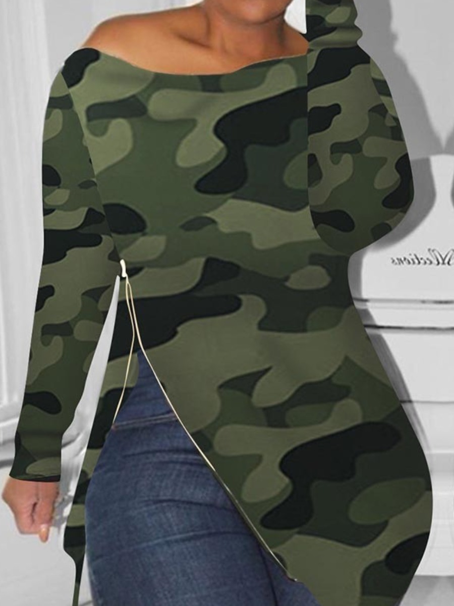

LW Camo Print Zipper Design T-shirt, Army green camouflag
