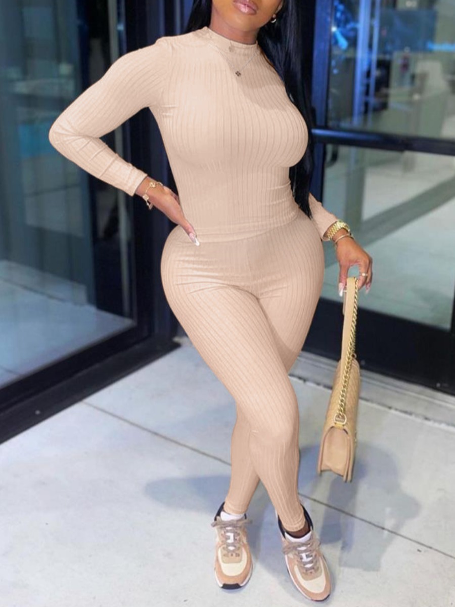 

LW BASICS Round Neck Rib-Knit Pants Set, Apricot