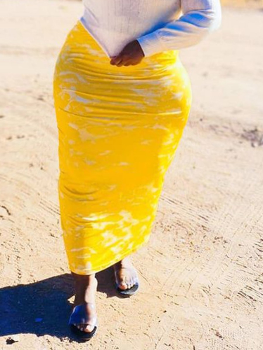 

LW Plus Size Tie Dye Bodycon Skirts, Yellow