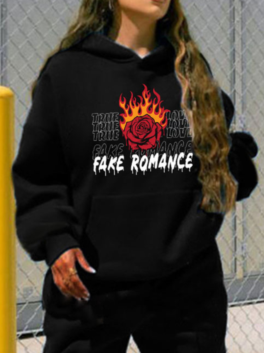 

LW Plus Size Rose Flower Letter Print Hoodie, Black