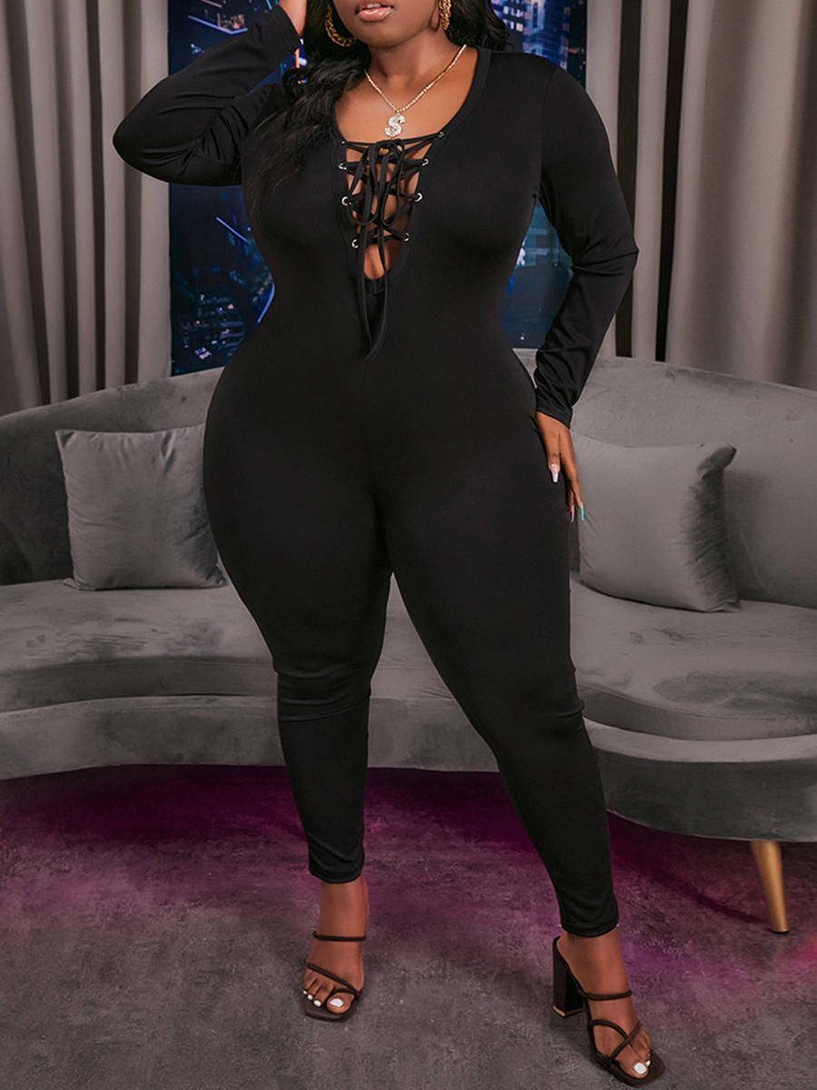 

LW SXY Plus Size U Neck Bandage Design Jumpsuit, Black