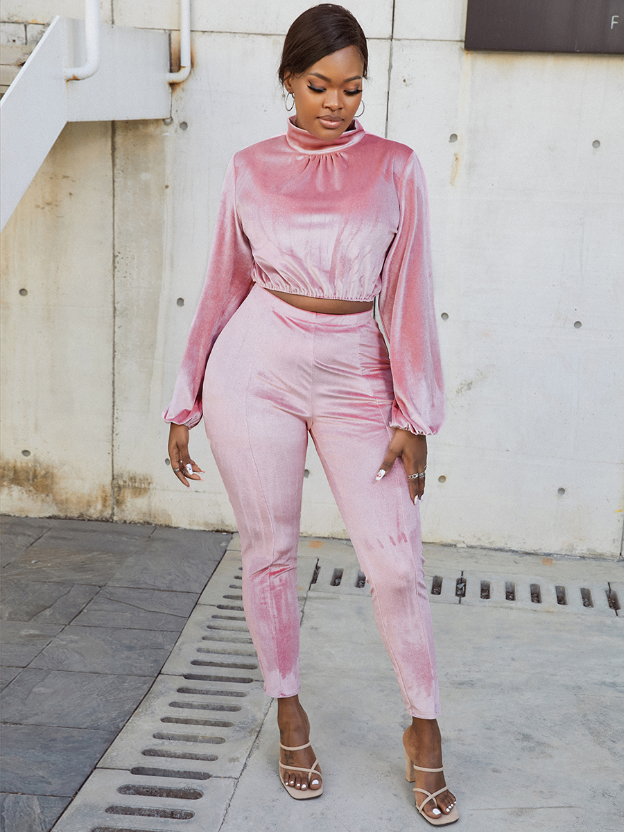 

LW Mock Neck Velvet Solid Color Pants Set, Pink