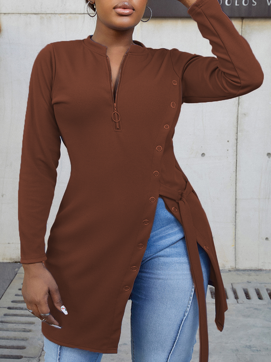 

LW Zipper Design Split Ring Decor T-shirt, Brown