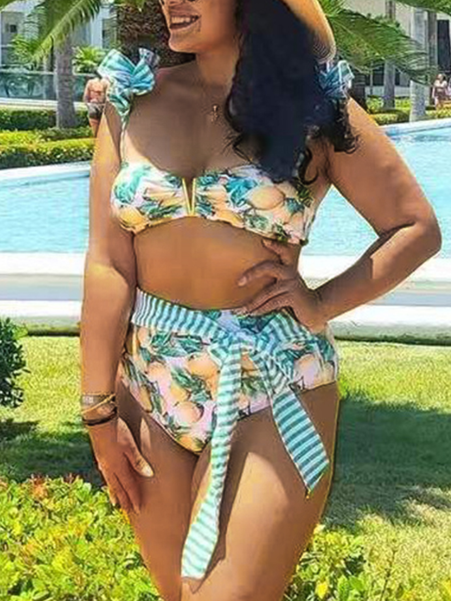 

LW Fruit Print Striped Bikini Set, Green