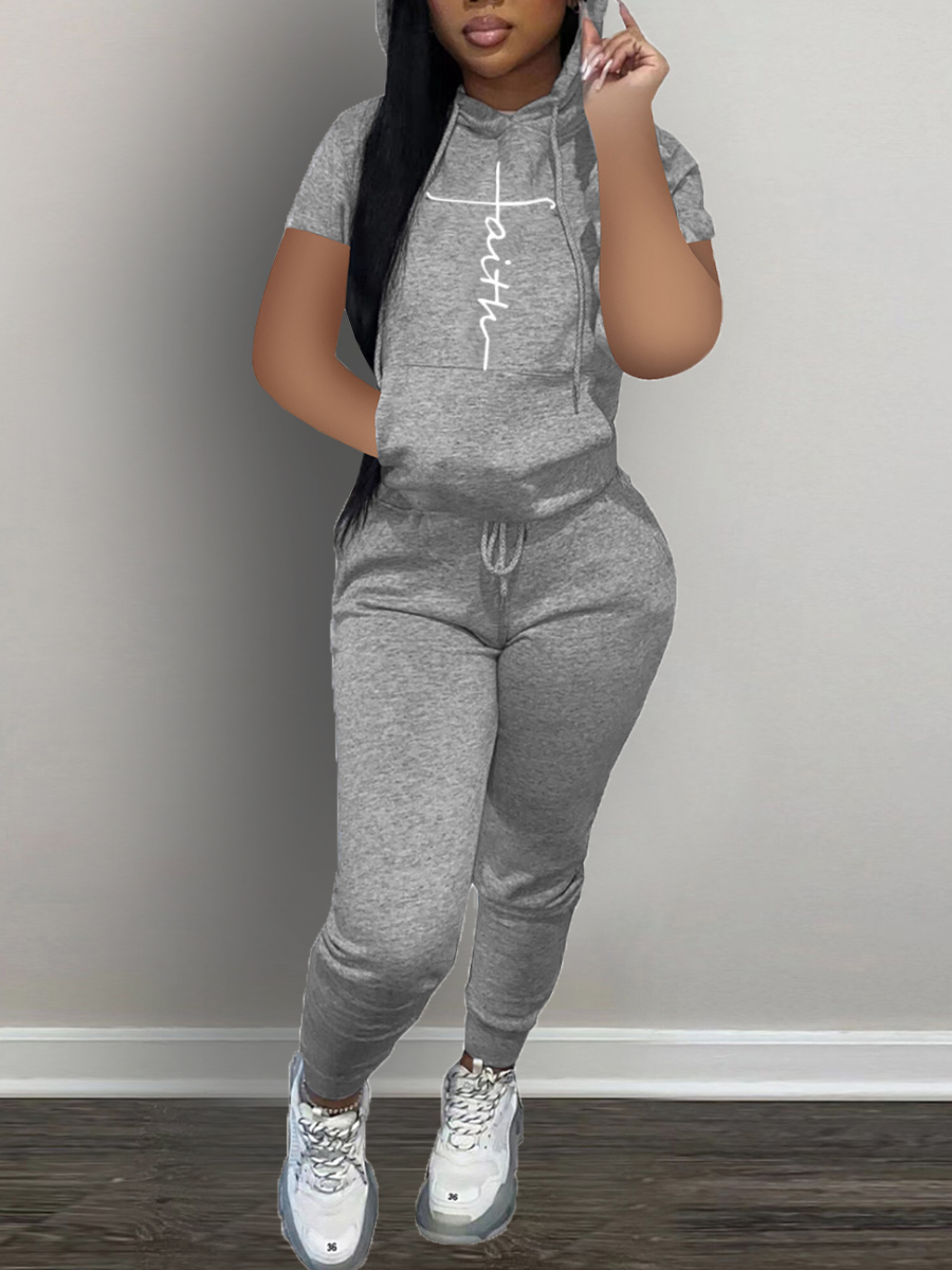 

LW Faith Letter Print Drawstring Kangaroo Pocket Tracksuit Set, Grey