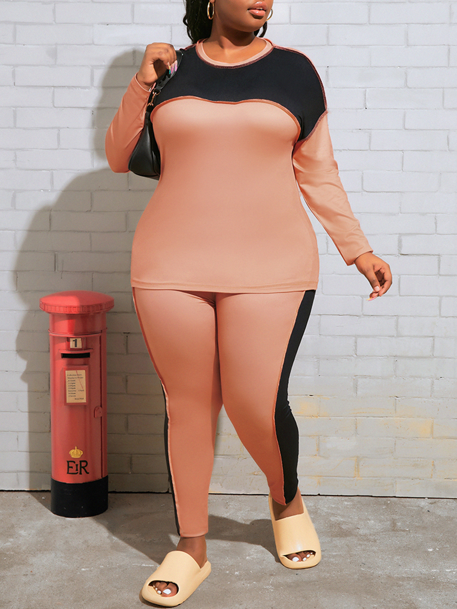 

LW Plus Size Round Neck Patchwork Pants Set, Pink