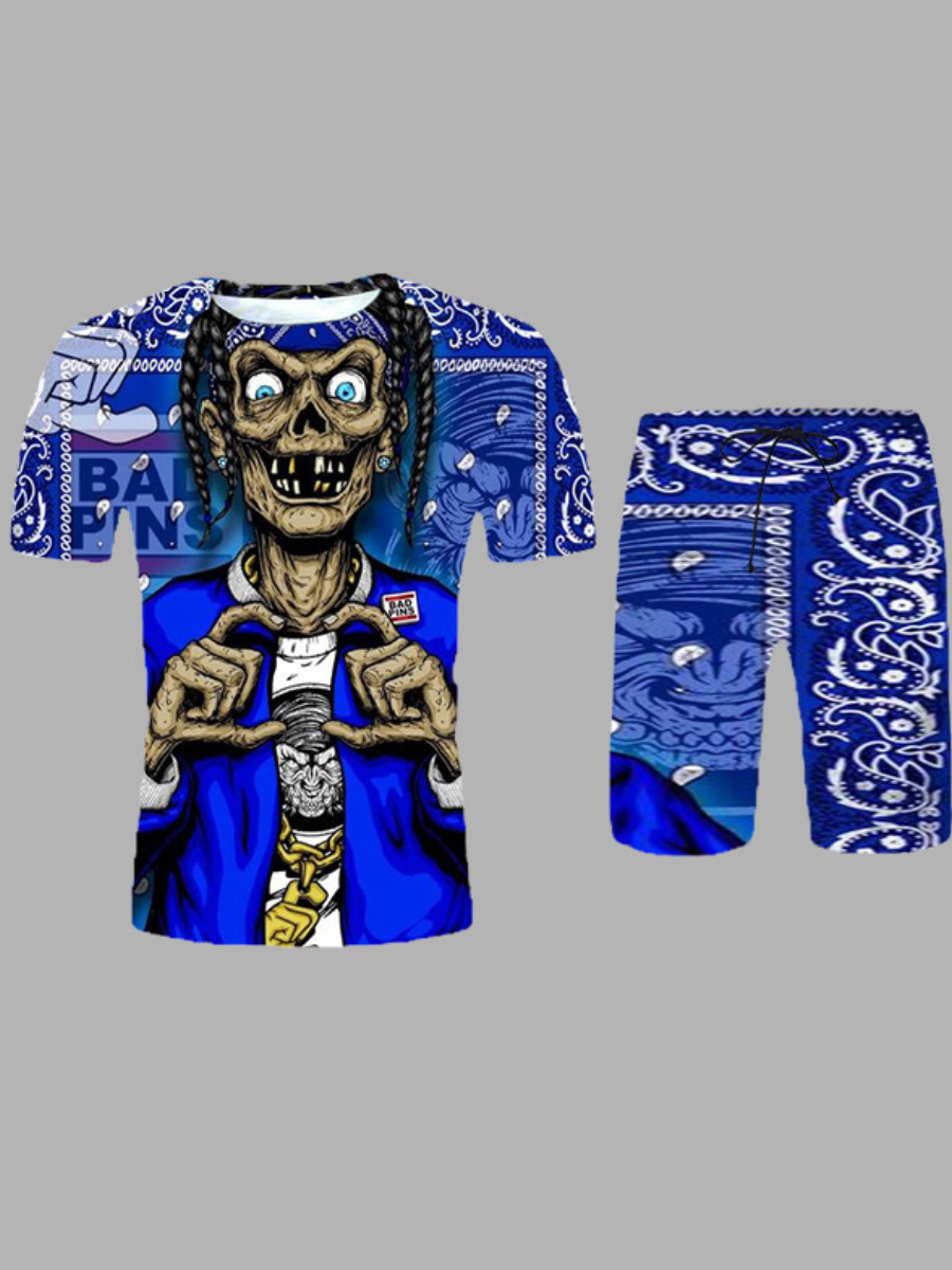 LovelyWholesale Men Casual Graffiti Print Blue Two Piece Shorts Set Summer Short Sleeve Street Graffiti Element Round Neck Spring Summer 2024