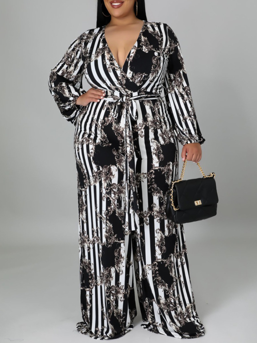 

LW Plus Size Print Striped Jumpsuit, Black