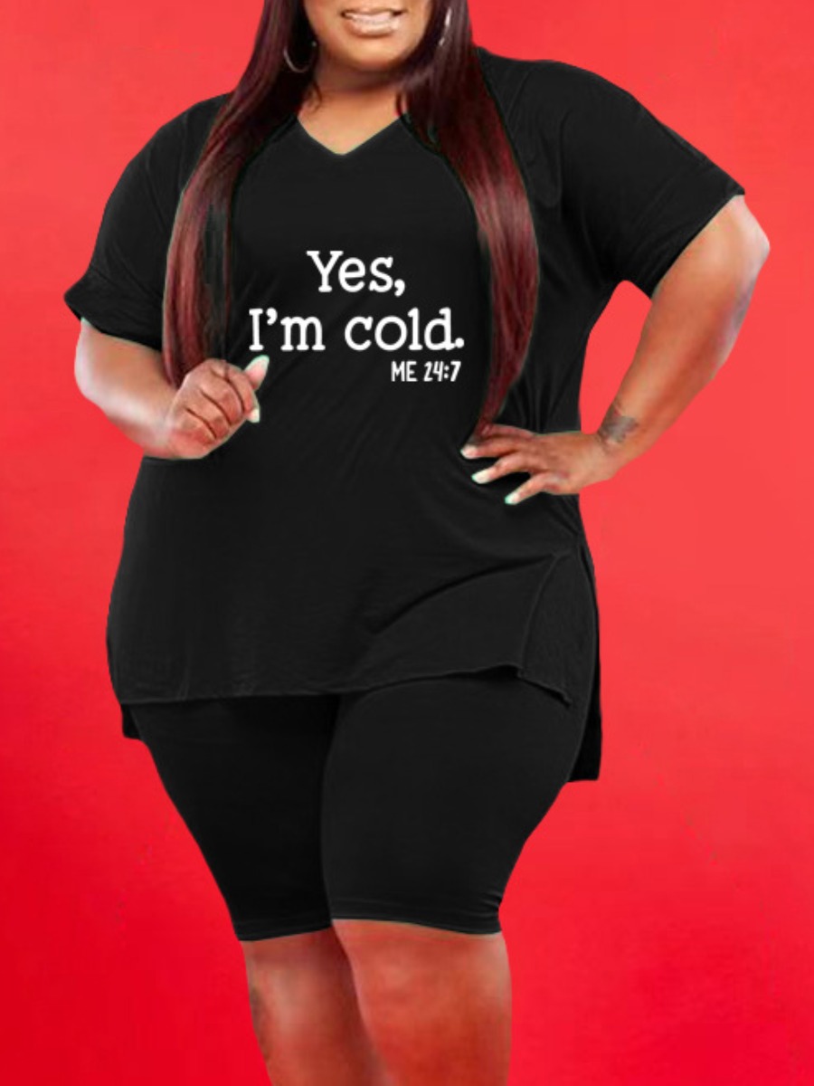 

LW Plus Size Letter Print Split Shorts Set, Black