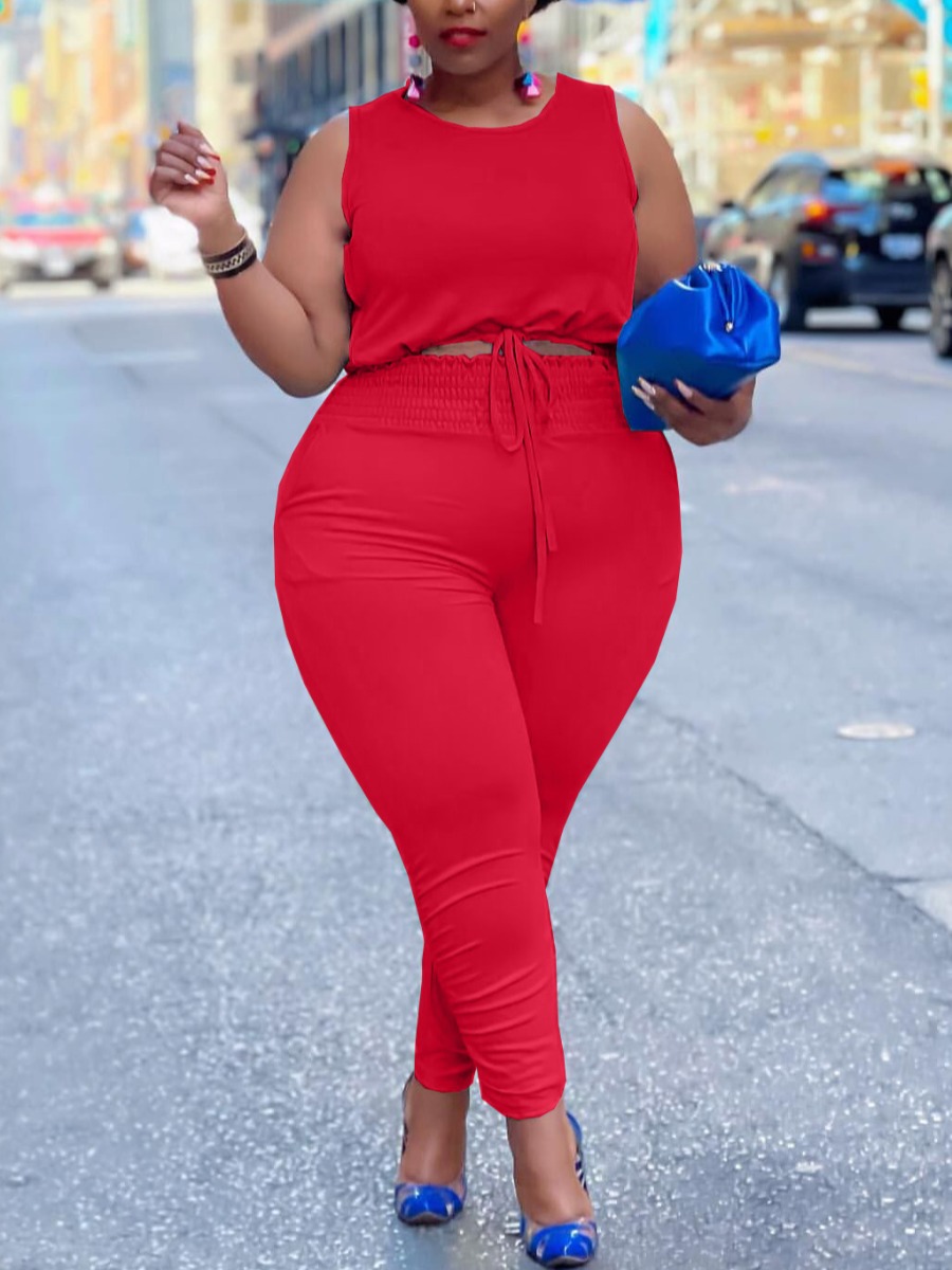 

LW Plus Size Drawstring Back Zip Design Pants Set, Red