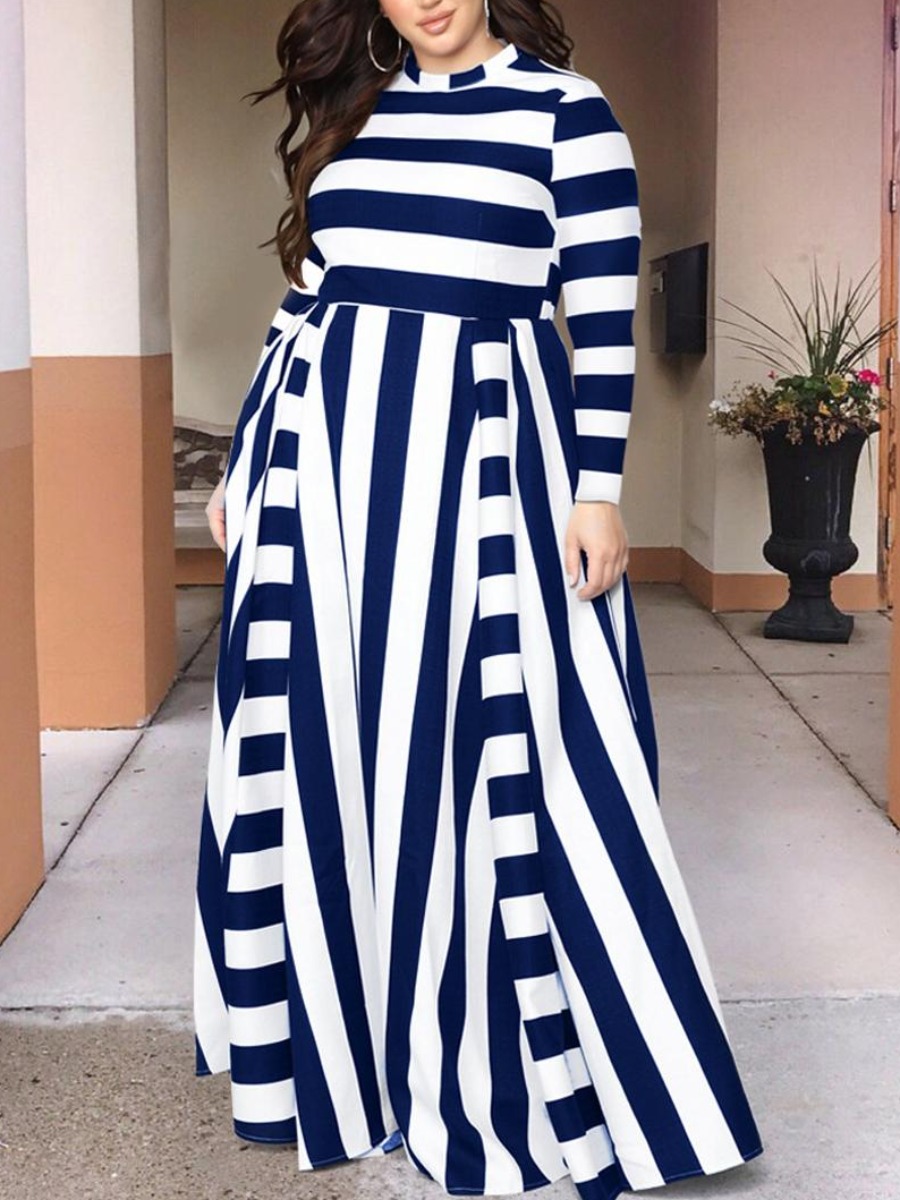 

LW Plus Size Striped A Line Dress, Dark blue