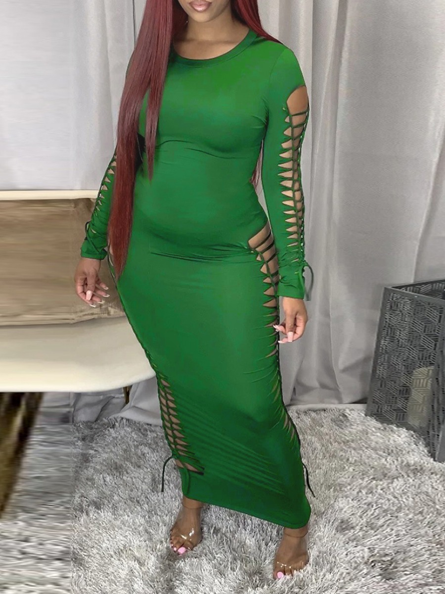 

LW SXY Round Neck Ripped Bodycon Dress, Green