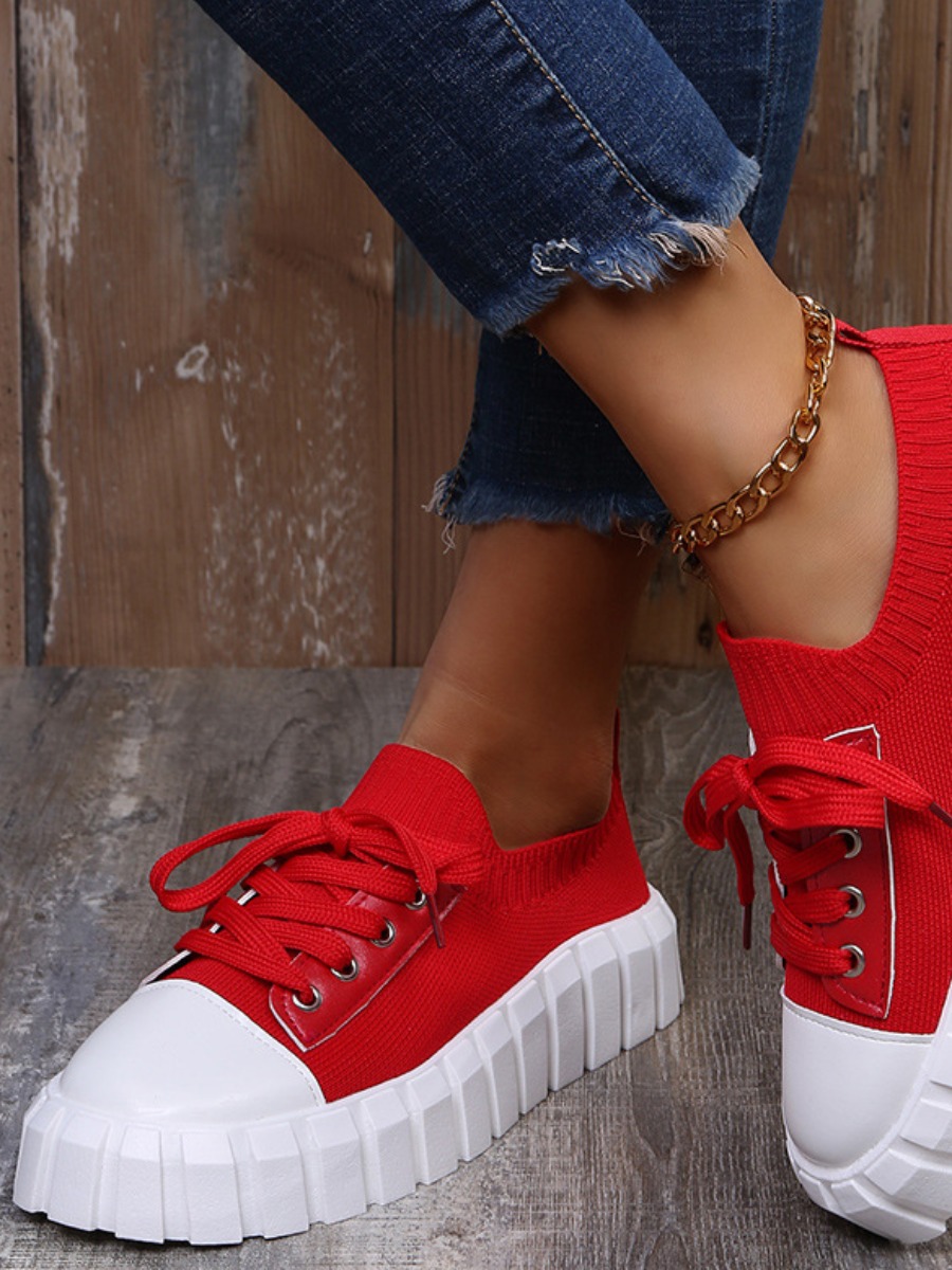 

LW Round Toe Patchwork Daily Flats, Red