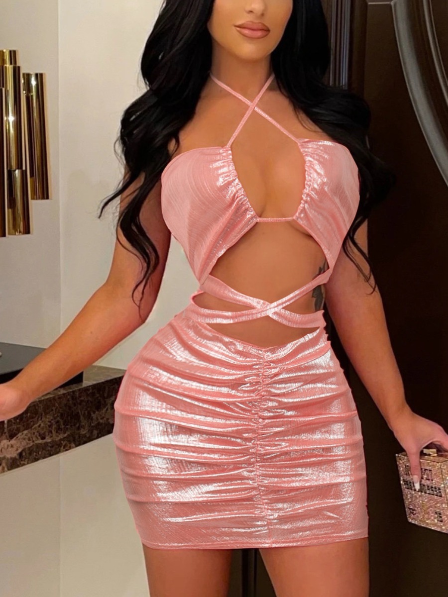 

LW SXY Cut Out Bodycon Backless Ruched Dress, Pink