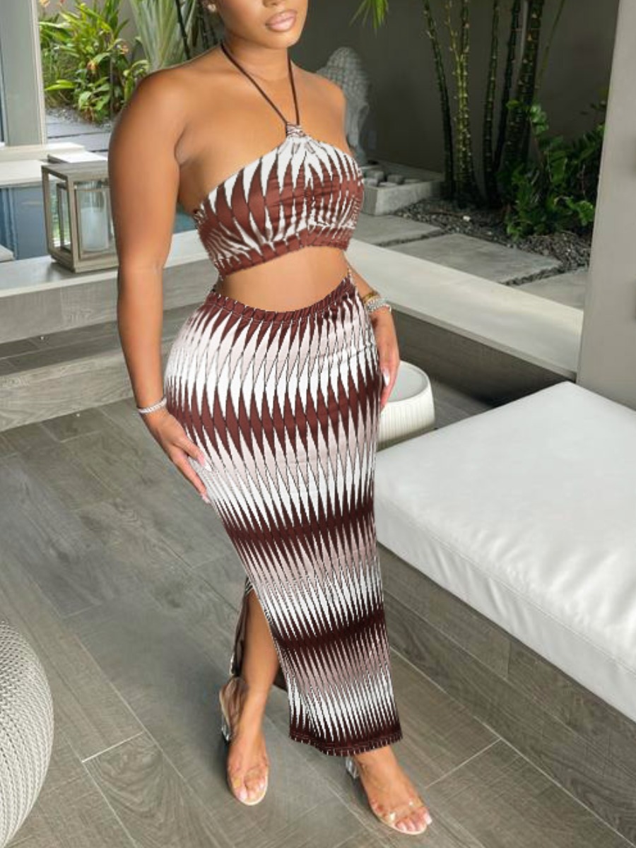 

LW Geometric Print Slit Skirt Set, Coffee