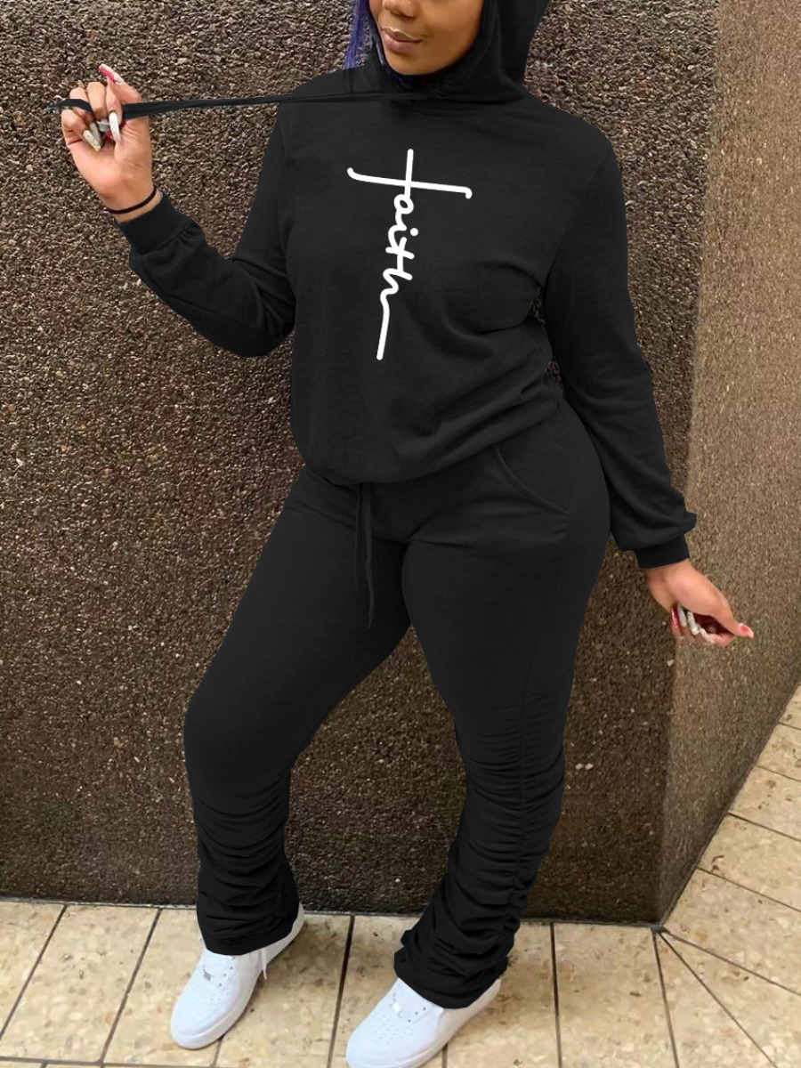 

LW Faith Letter Print Stacked Tracksuit Set, Black