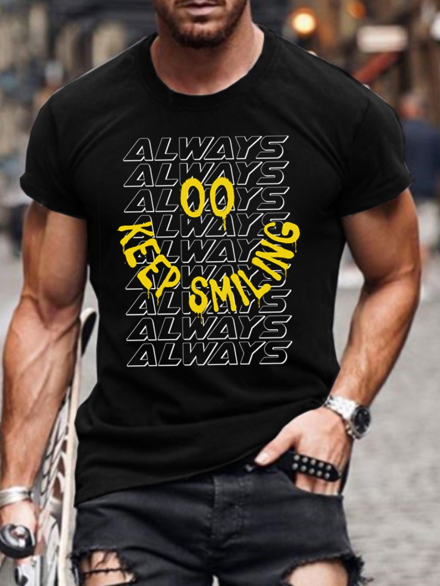 

LW Men Round Neck Letter Print T-shirt, Black