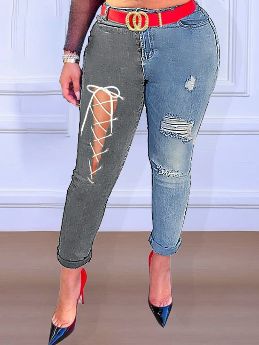 

LW Stretchy Bandage Design Ripped Jeans, Blue