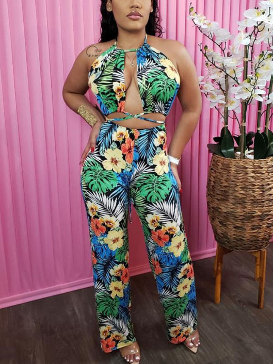 

LW Floral Print Backless Pants Set, Green