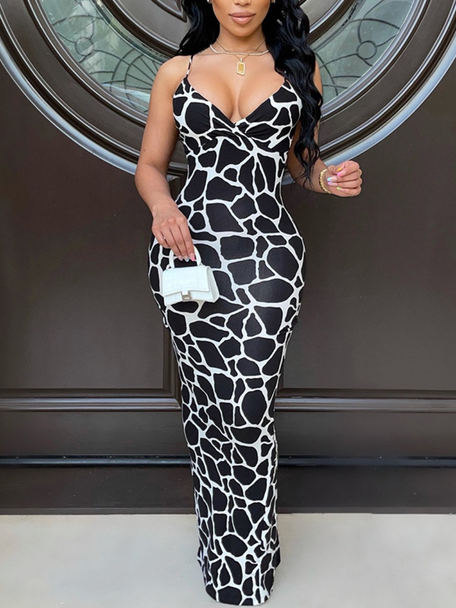 LovelyWholesale SXY Animal Print Slit Cami Bodycon Dress Summer Sleeveless Sxy Spaghetti Strap Spring Summer 2024