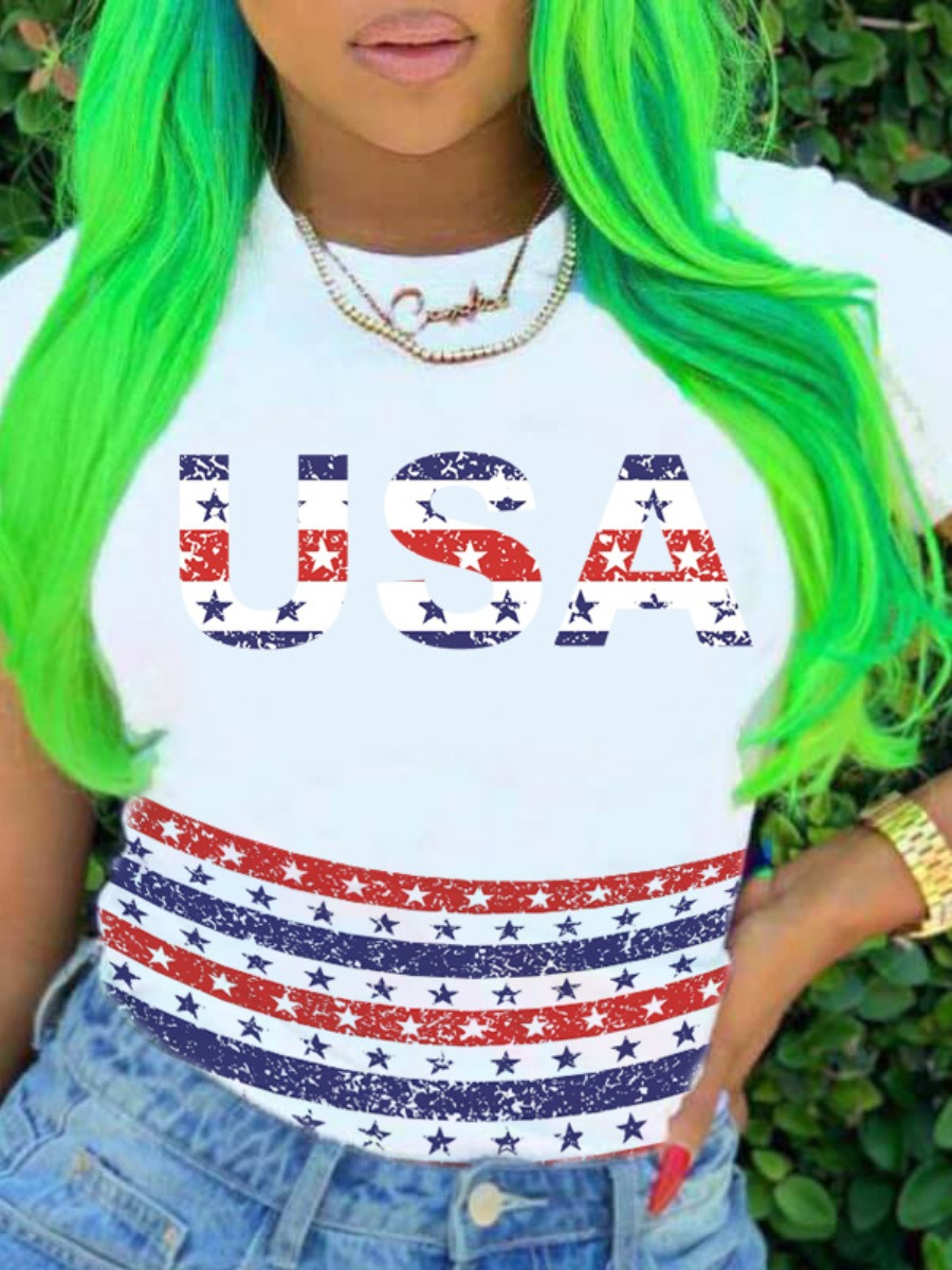 

LW American Flag Letter Print T-shirt, White