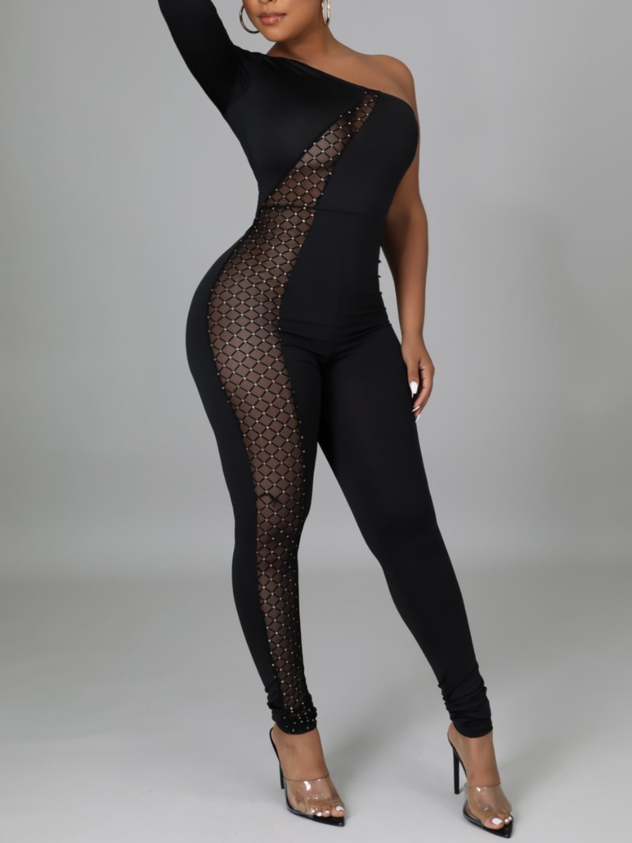 

LW One Shoulder See-through Jumpsuit, Black