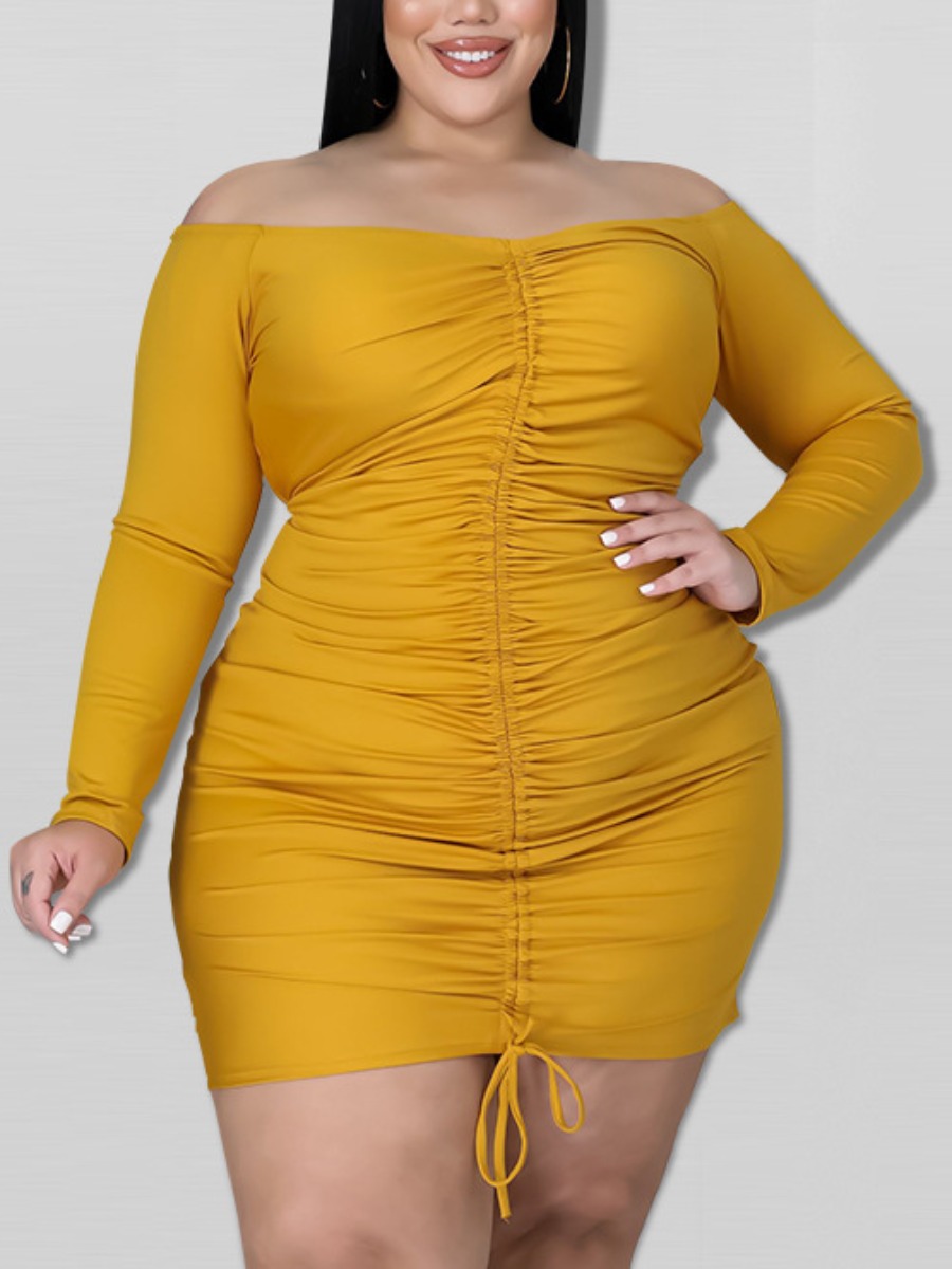 

LW Plus Size Drawstring Bodycon Ruched Dress, Yellow