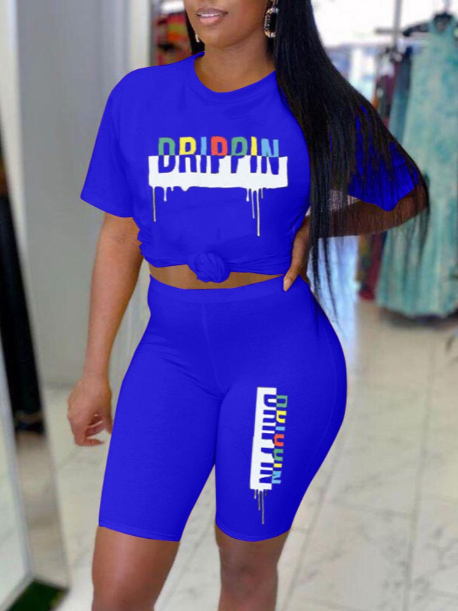 

LW Round Neck Letter Print Shorts Set, Blue