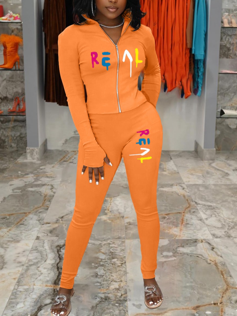 

LW Letter Print Zipper Design Tracksuit Set, Jacinth