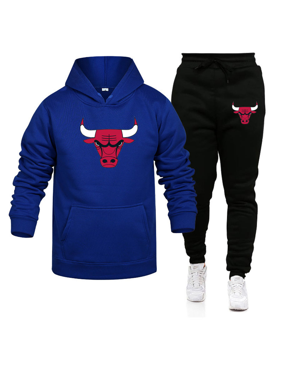 

LW COTTON Men Cow Head Print Kangaroo Pocket Tracksuit Set, Blue