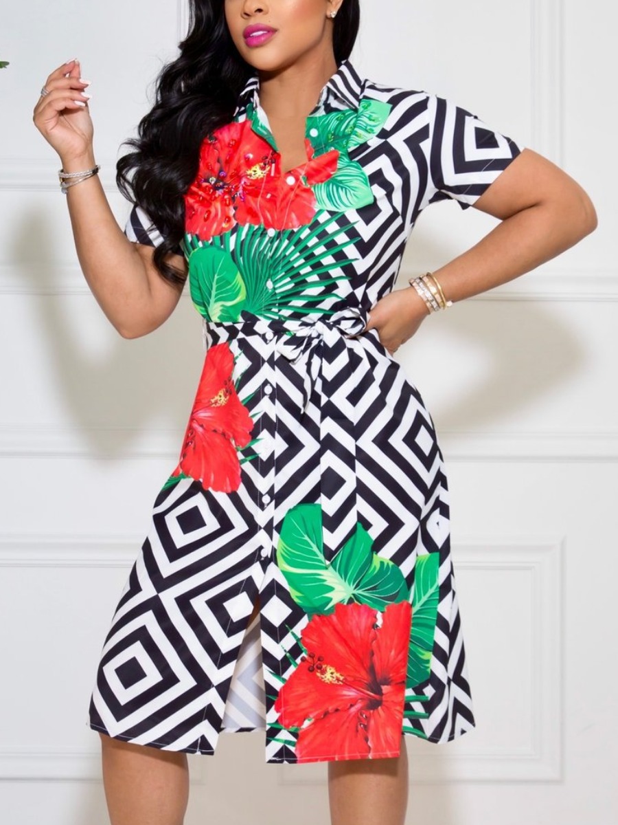 

LW Geometric Rose Flower Print Shirt Dress, Black