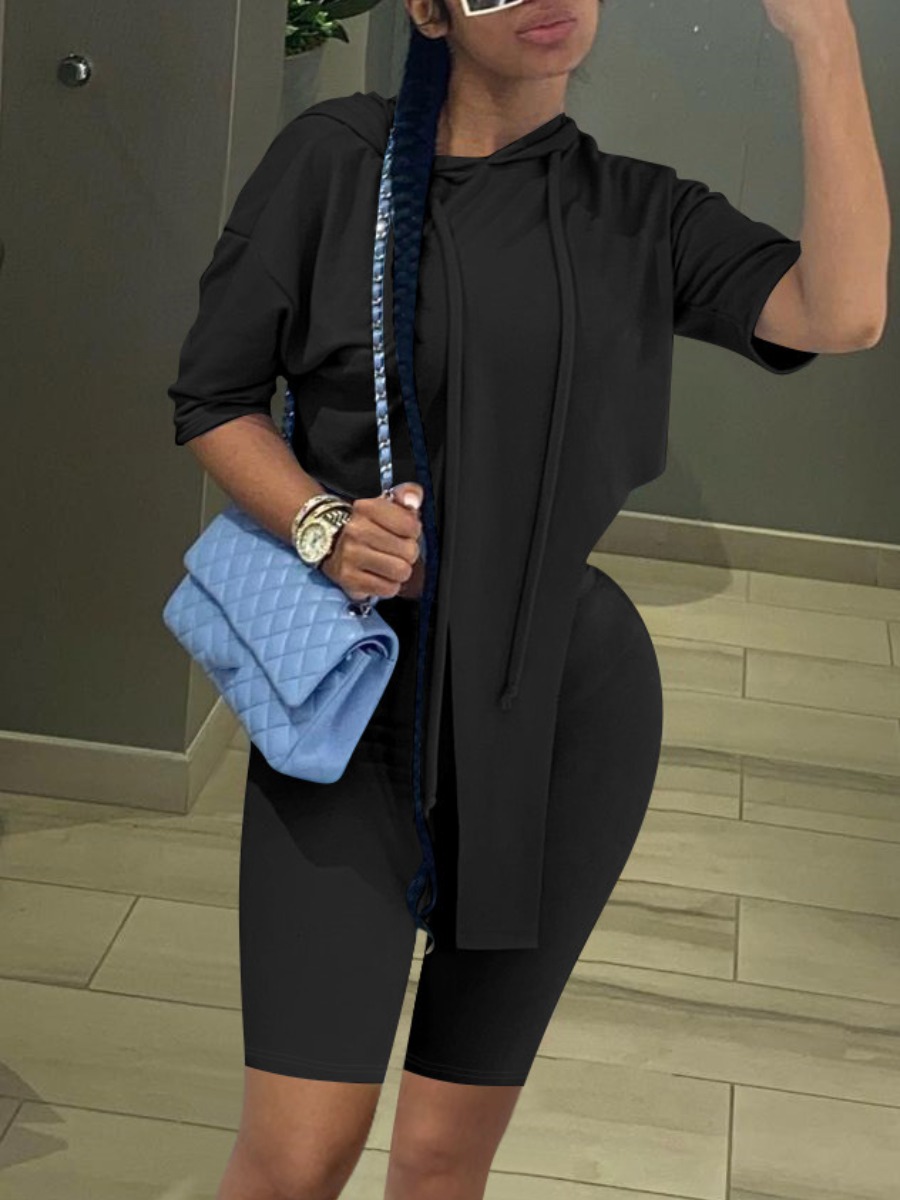 

LW Hooded Collar Asymmetrical Shorts Set, Black