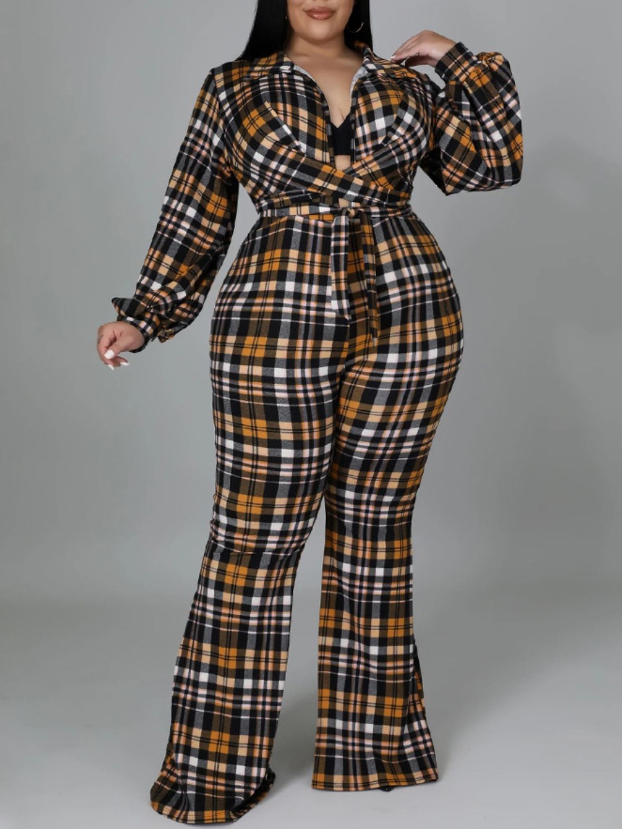 

LW Plus Size Plaid Print Flared Jumpsuit, Black